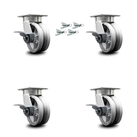 Service Caster 5 Inch Kingpinless V Groove Semi Steel Wheel Caster Set with Brake & Swivel Lock SCC-KP30S520-VGR-SLB-BSL-4